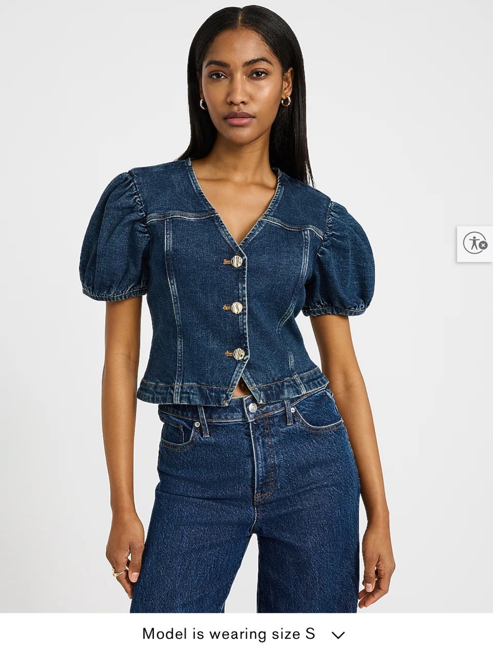 Express Dark Blue Denim Puff-Sleeve Button-Front Top